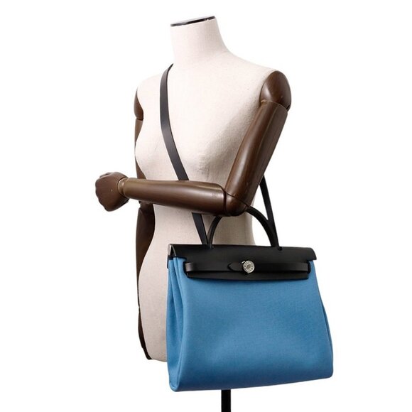 HERMES Herbag zip Size PM Toile Military/Vache Hunter Leather Black/Blue - Picture 1 of 15